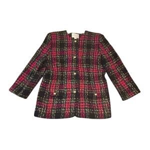 Lord & Taylor Blazer Womens 14 Red Black Plaid Wool Mohair Vintage Collarless
